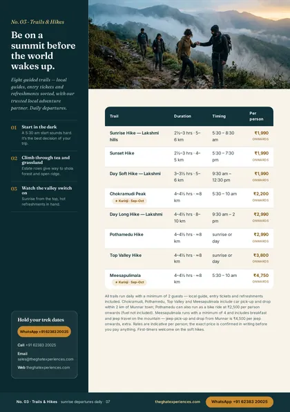 Trails, with the full rate table of The Ghat Experiences 2026 brochure
