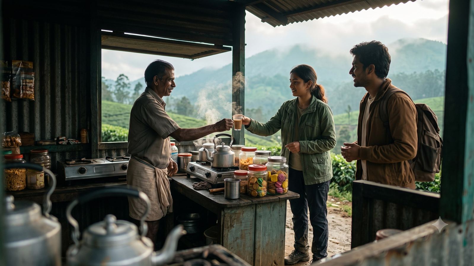 Travellers sharing chai at a Munnar tea stall
