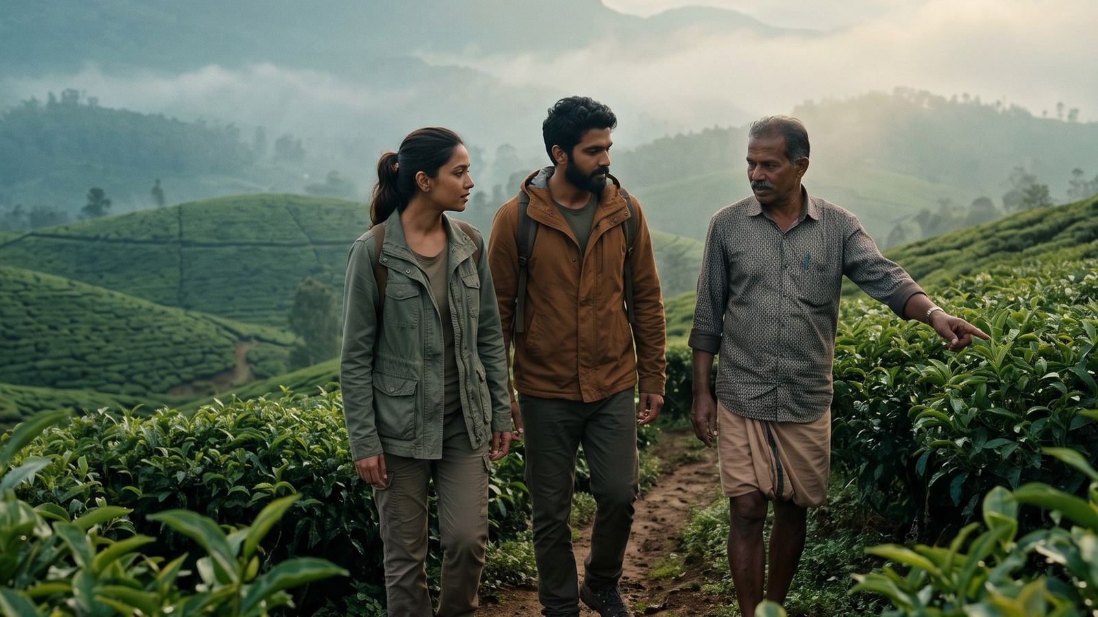 A TGE guide talking with travellers on a tea estate walk