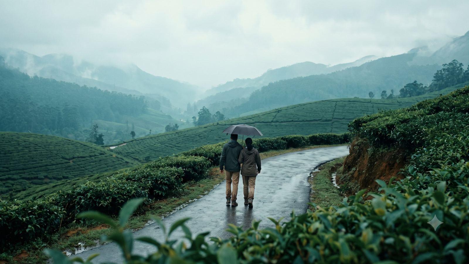 A misty road winding through Kerala tea country