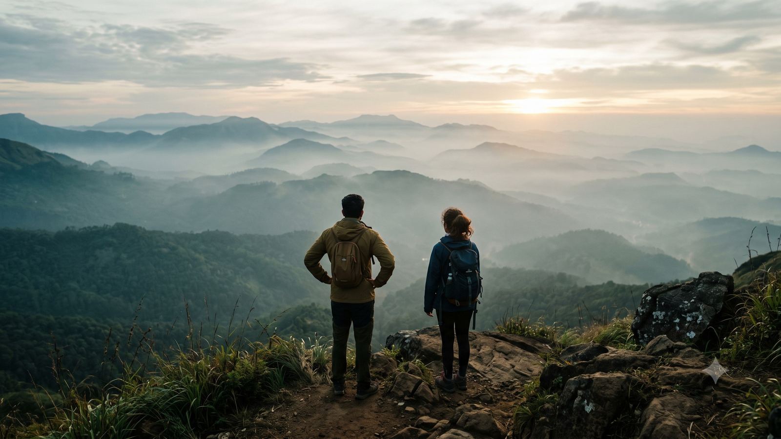A traveller watching sunrise break over the Munnar ranges